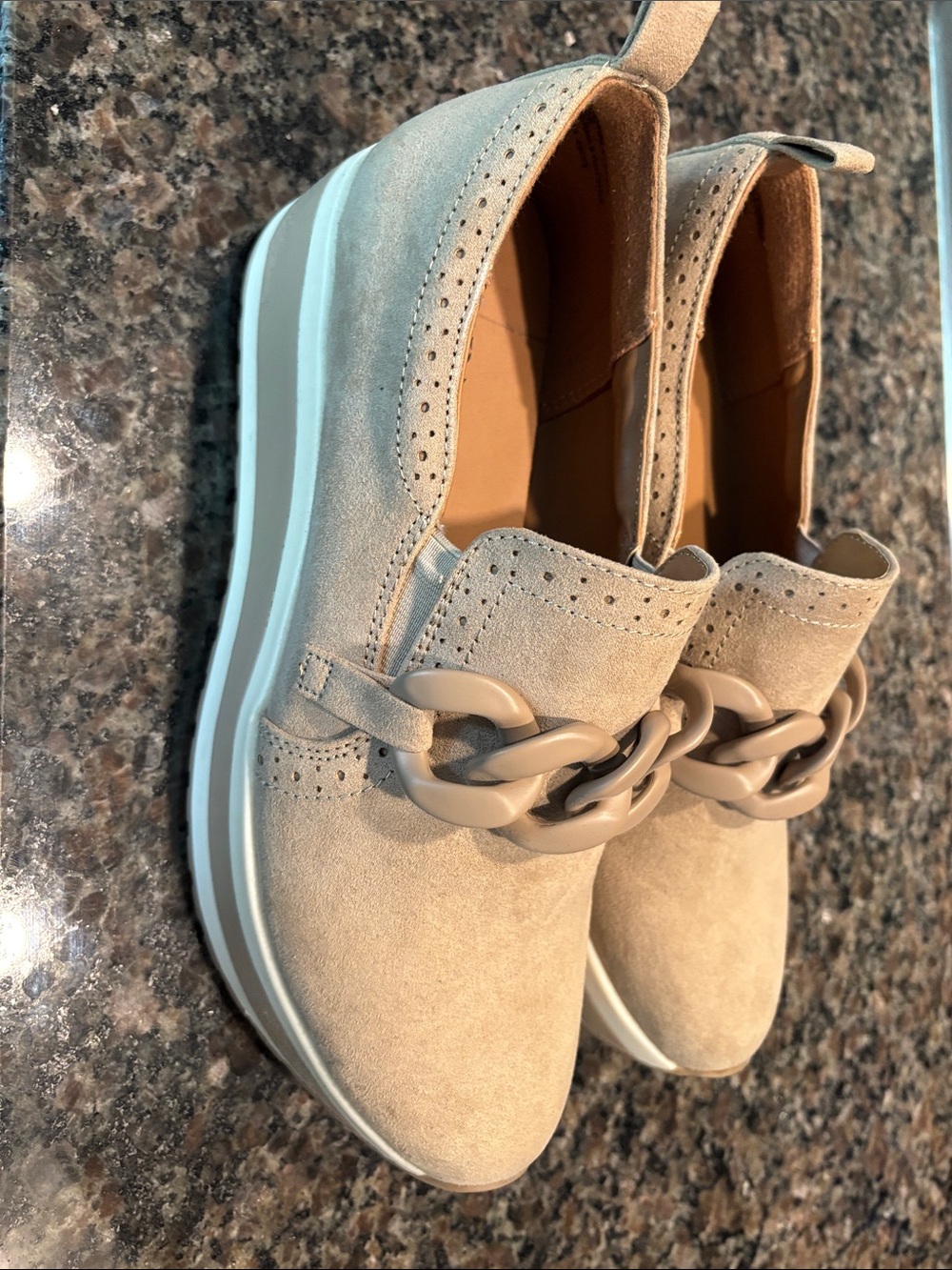 Women’s Slip-On Suede Loafers with Chain Detail — Light Beige